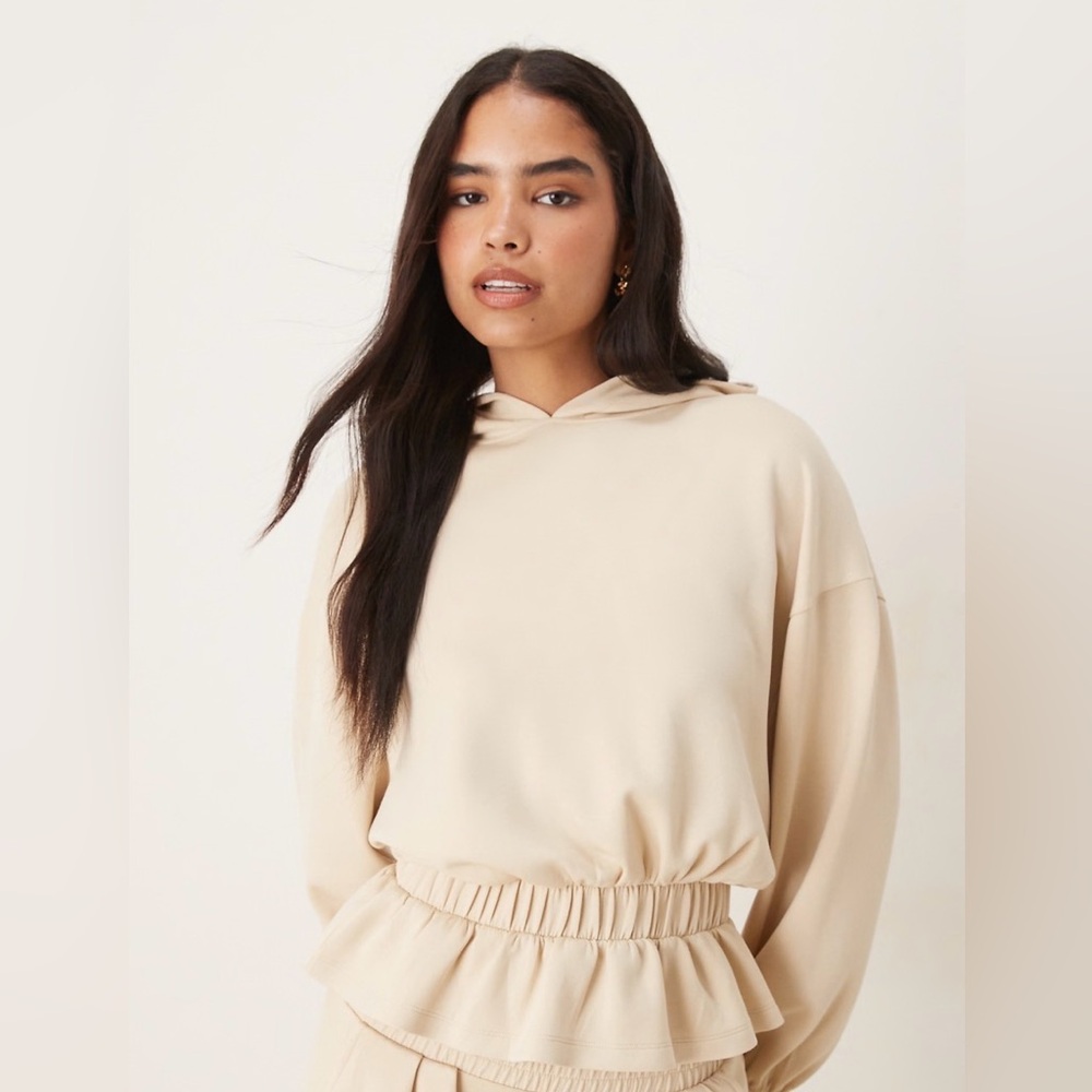 ASOS DESIGN soft touch cupro hoodie with frill hem detail in stone Large
